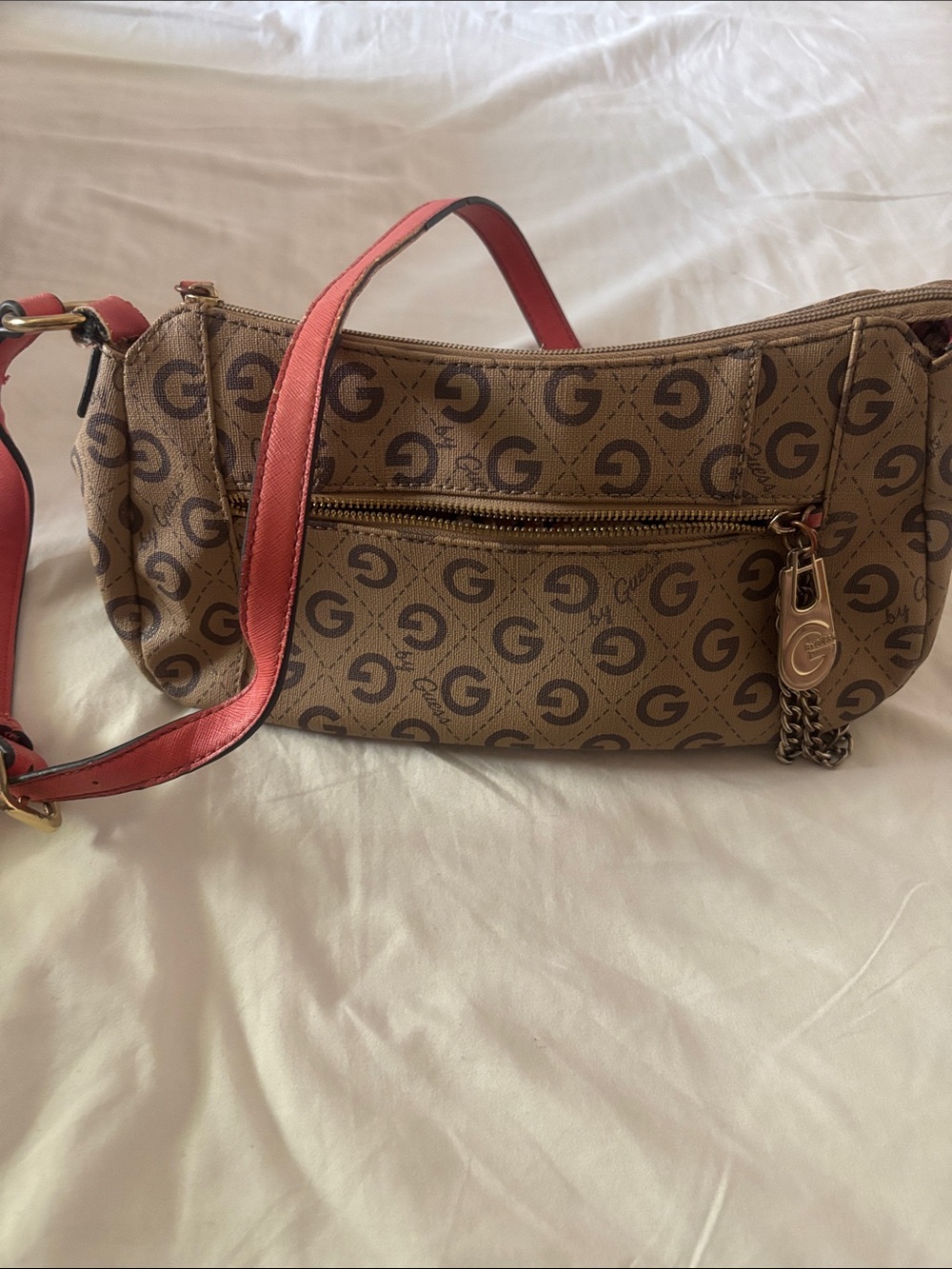 Guess Brown Monogram Shoulder Bag with Coral Strap